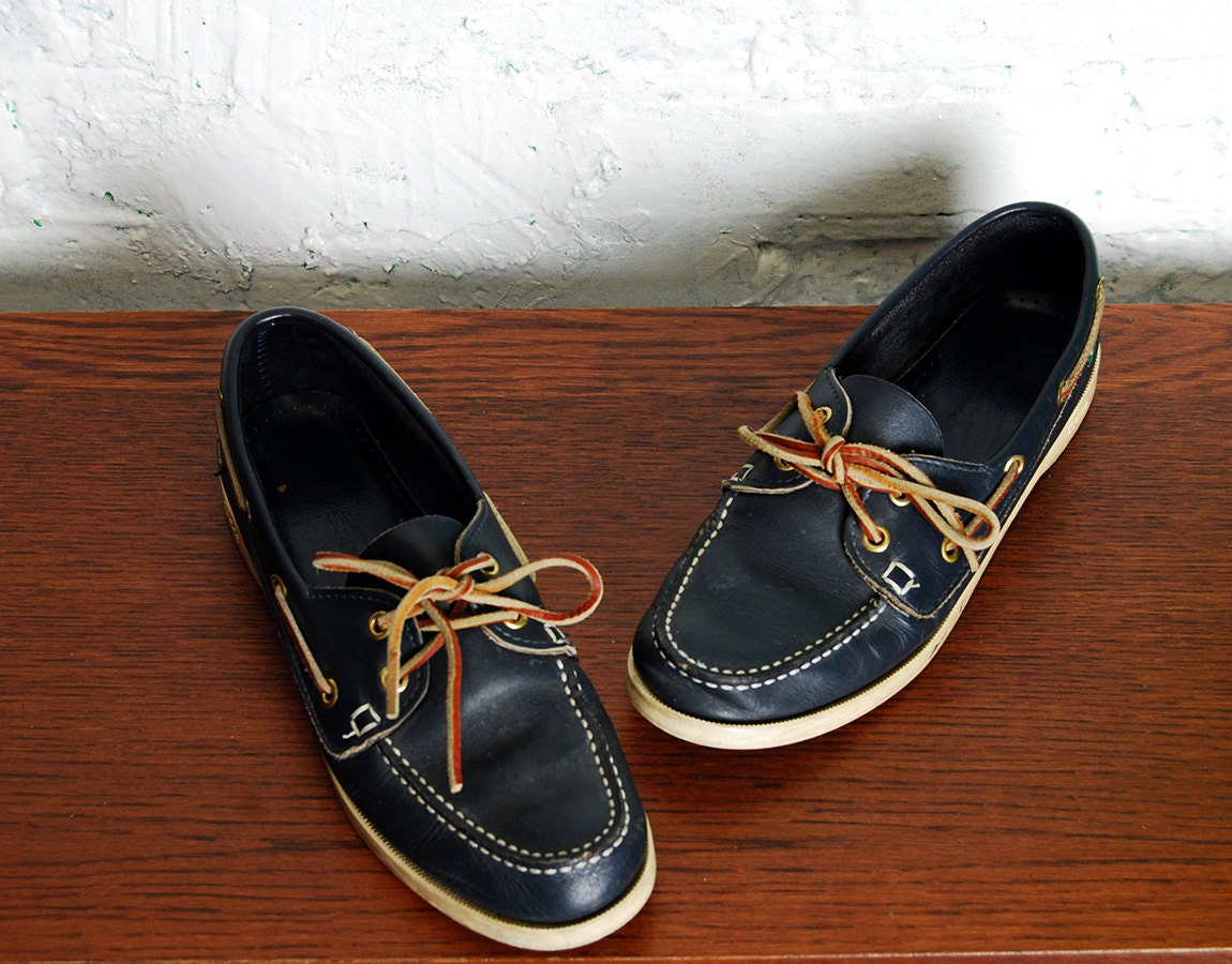 Vintage 80s 90s Navy Leather BASS Deck Boat Shoes Loafters 8.5