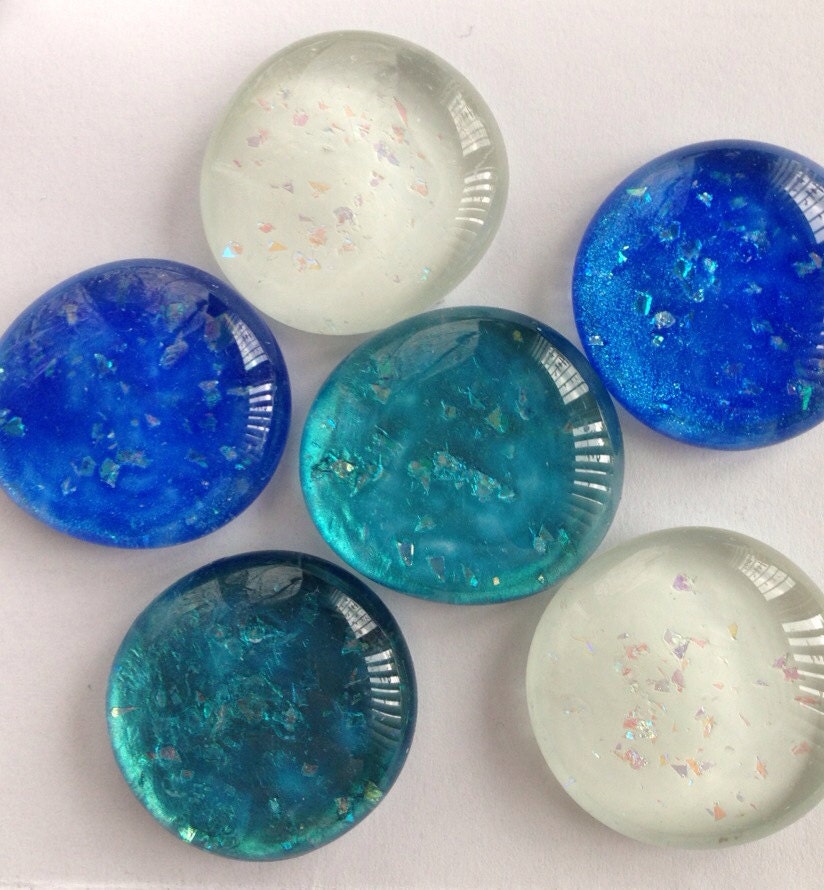 Aqua blue white Glass magnets set with chunky glitter sparkle