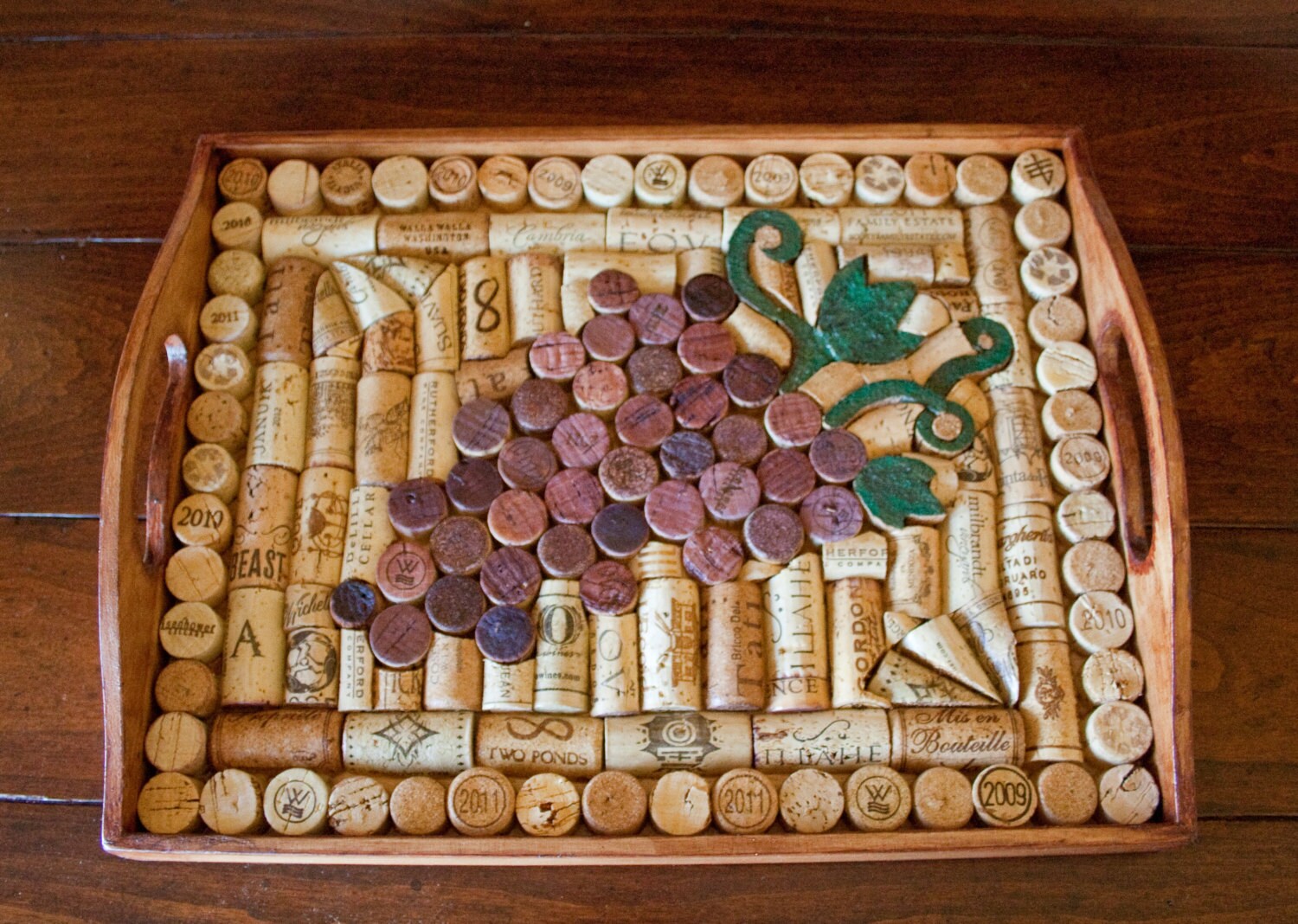 Wood and wine cork serving tray with a by FlukePhotography on Etsy
