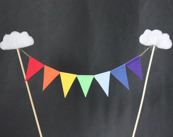 Rainbow cake topper - birthday cake topper, celebration cake topper, rainbow flags with cloud embelishment