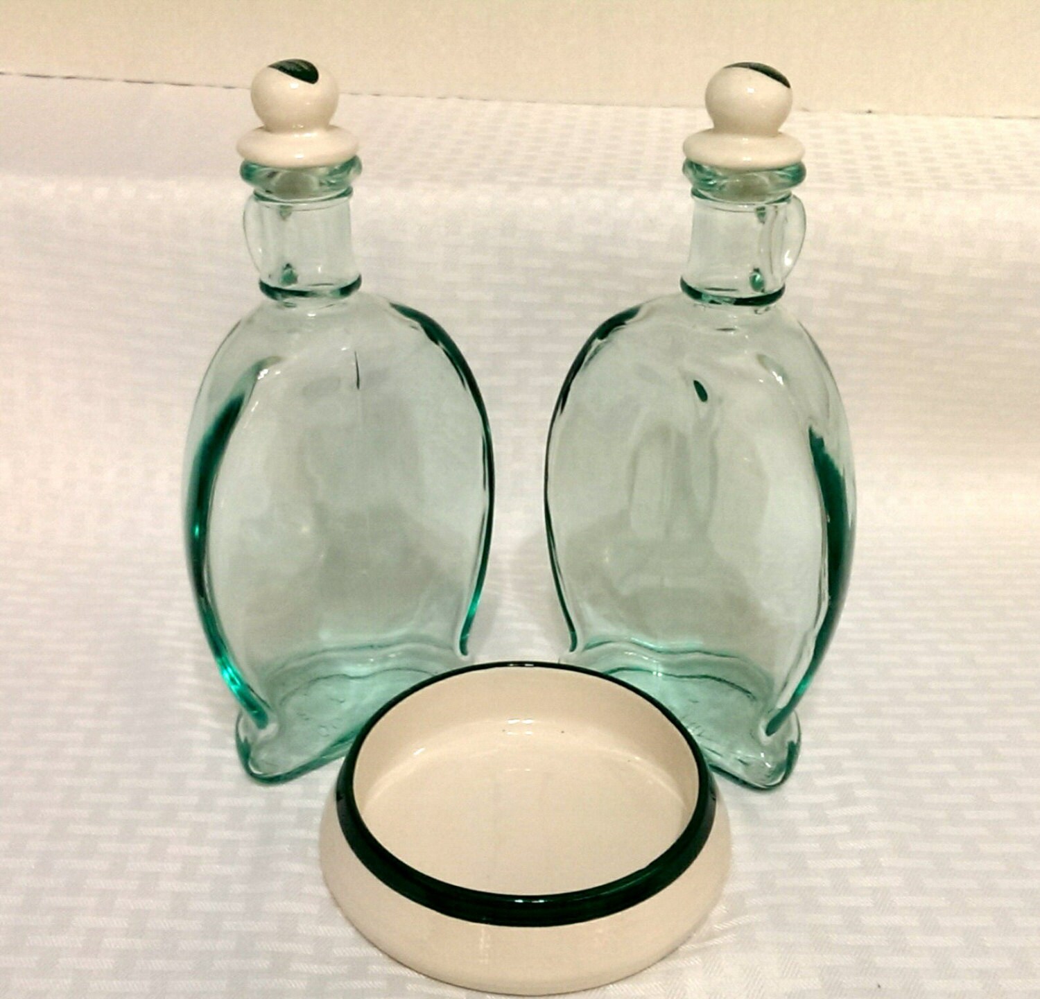 Vintage Oil & Vinegar Set Cruet Set Italian Glass Green