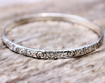 Sterling Silver Bracelet, Stacking Bangle Bracelet, Sterling Silver Bangle Swirl & Flowers