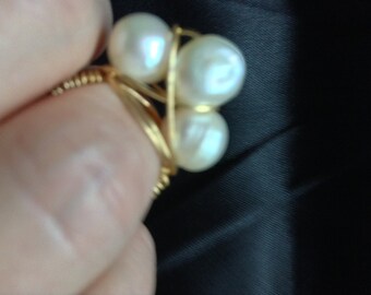 Freshwater Pearl Wire Wrapped Ring ~ June Birthstone, Bold Statement 14kt Gold Filled, Sterling Silver, Copper Wire ~ All Sizes Available