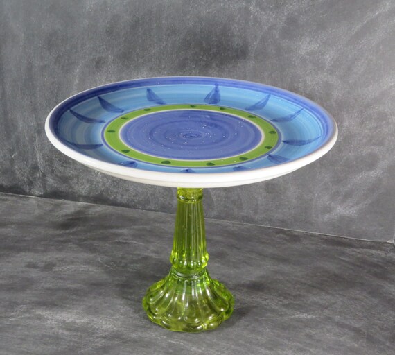 Cake Plate Candle Stand Boho Decor Blue & by DancingDishAndDecor