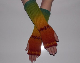 KAUNI Women Knit Arm Warmers with ornaments, Fingerless Gloves, Knitted FAIRISLE Mittens.