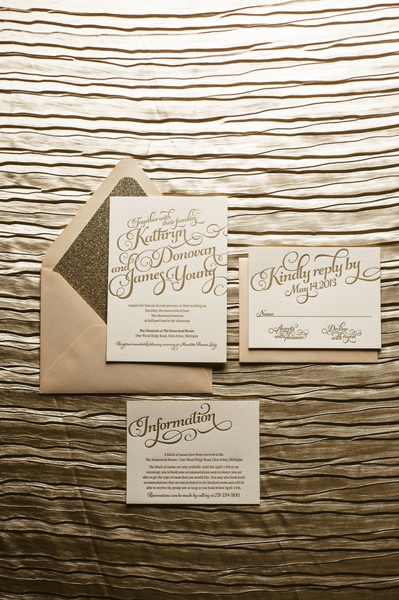 Blush & Gold Glitter Letterpress Wedding Invitation, Gold Glitter Wedding Invite, Calligraphy Invitation, Gold Invitation - Sample Set
