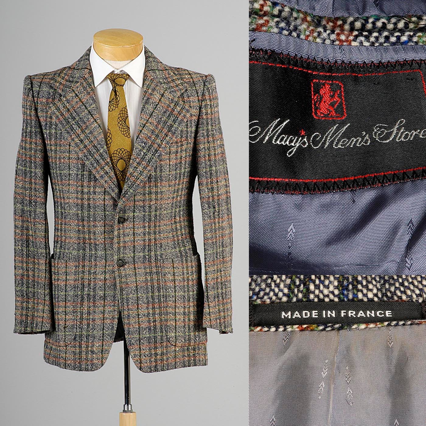 Mens Vintage 70s Chunky Wool Tweed Plaid Colorful Jacket