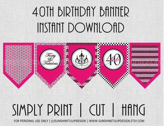 40th Birthday Banner Hot Pink Black and White Chevron Polka