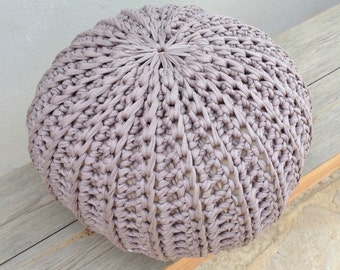 Crocheted Pouf,Beige, Round Floor Pillow, T-Shirt Yarn Zpagetti, Couch Pillow...