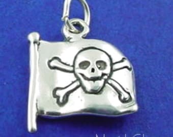 PIRATE FLAG Charm, Skull and Crossbones, Jolly Roger .925 Sterling Silver Charm
