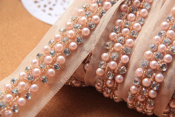 Pink Beaded Trim - white Bead Insertion Trim-beaded trim for edging