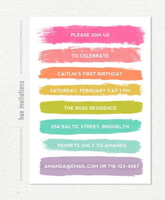 rainbow brushstrokes birthday invitation pastel rainbow first
