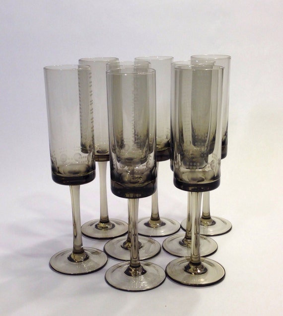 Mid Century Smoked Glass Champagne Flutes By Fireflyvintagehome