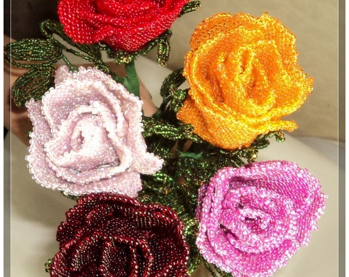 Beaded rose artificial flower in mosaic weaving technique for wedding bouquet or unusual gift