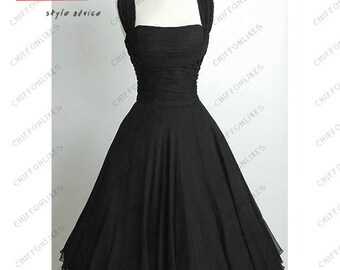 Black short chiffon knee length prom dress black party dress retro 1950 ...