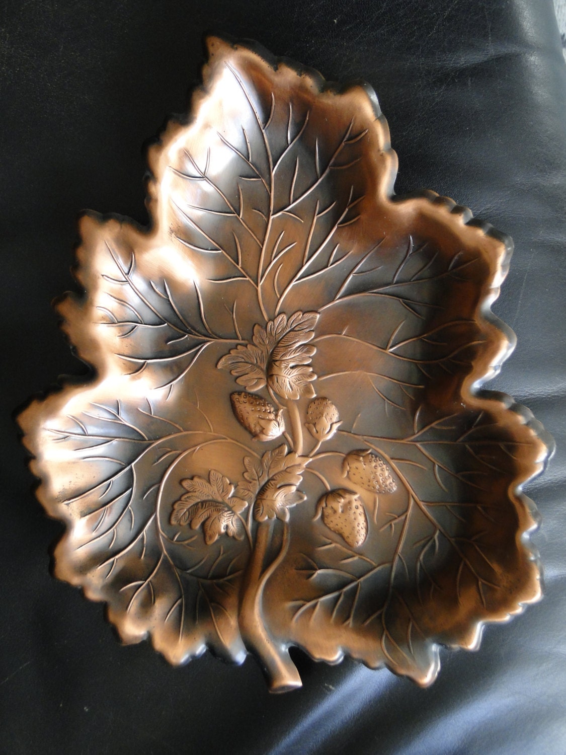 Vintage Copper Leaf Candy Dish with Strawberries Haute Juice