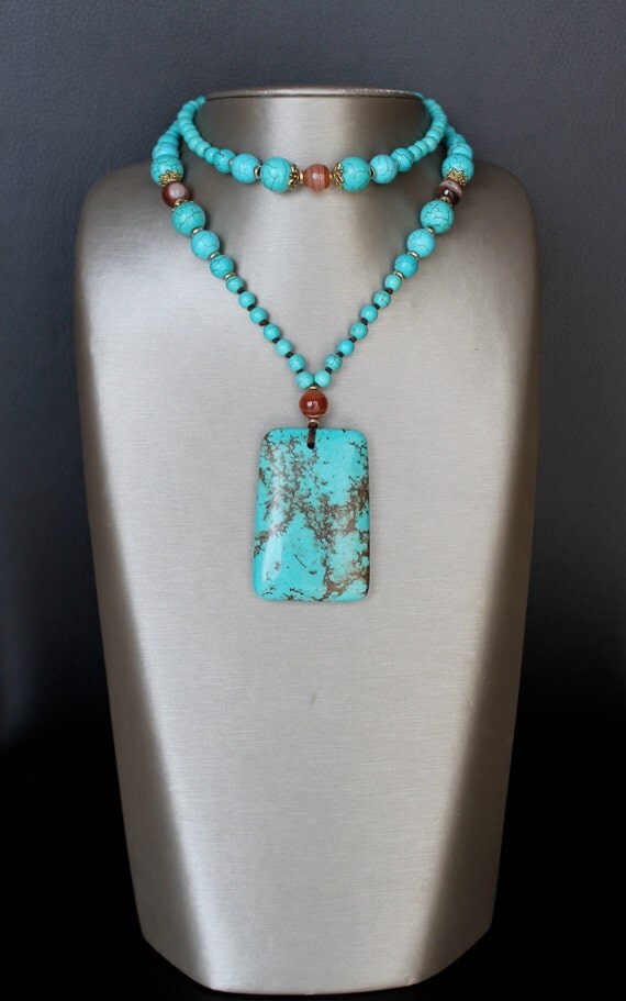 Turquoise and brown agate necklace long handmade with large