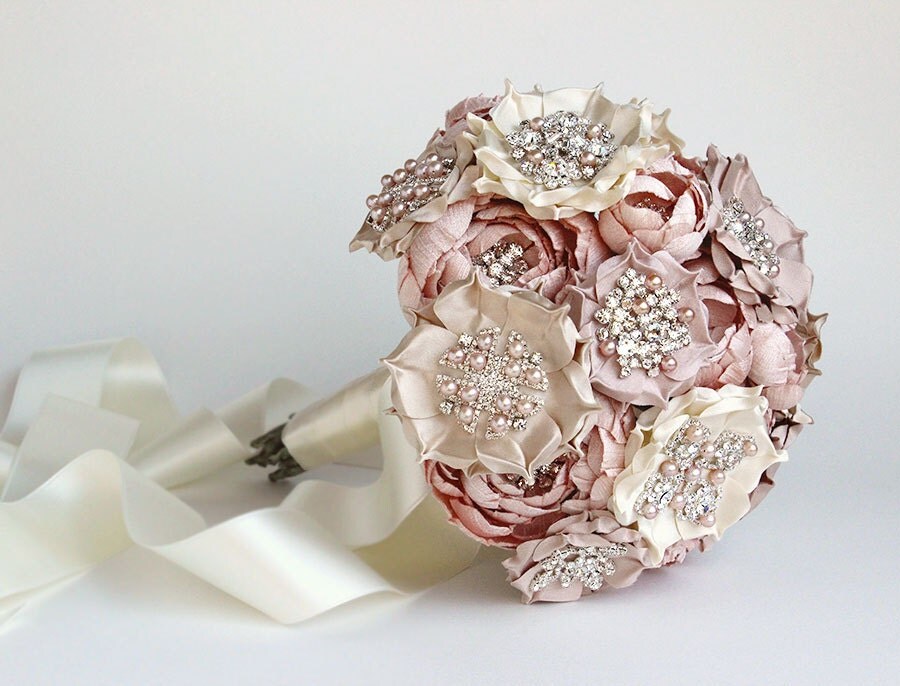 Couture Blush Champagne and Ivory Silk Fabric Flower Crystal and Pearl Bouquet