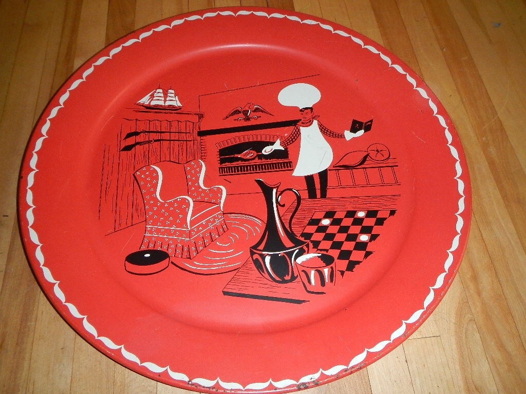 Vintage Metal BBQ Tray Red Cookout Platter by NeatVintageItems