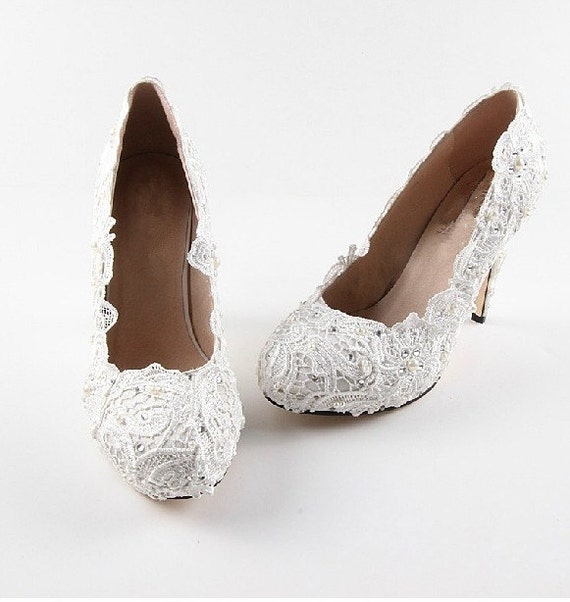 bridal shoes, handmade lace bridal shoes, Ivory lace wedding shoes ...