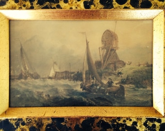 Pair of Hand-colored Engravings of Coastal Scenes by Sungott Art Studio Gilt Frame