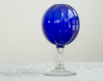 Cambridge Glass Ivy Ball Vase Cobalt Blue With Keyhole Patterned Clear Stem