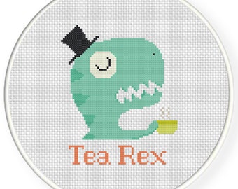 Tea Rex PDF Cross Stitch Pattern Needlecraft - Instant Download - Modern Chart