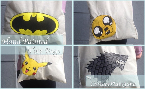 Custom Hand Painted Character Tote bags- Adventure time Pokemon Batman ...