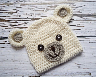 Crochet teddy bear Hat, Newborn bear hat, Baby teddy bear hat, Ecru teddy bear hat