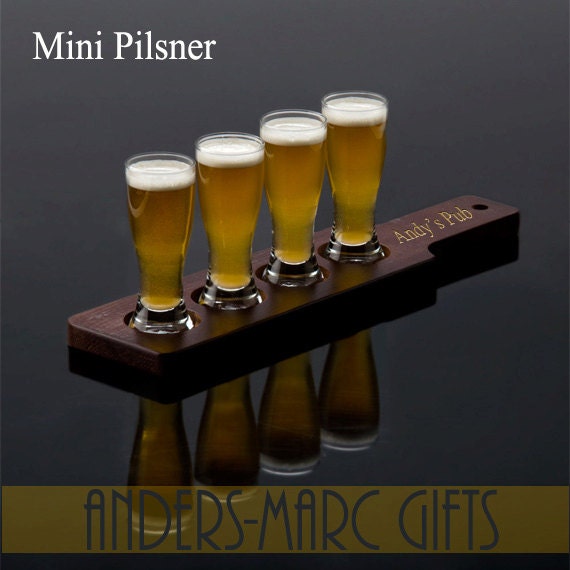 Beer Flight Tasting Set w Paddle & Glasses Personalized * Wood Finish