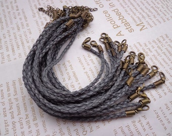 SALE--50 pcs 3mm 7 -9 inch dark gray faux braided leather bracelet with bronze fitting