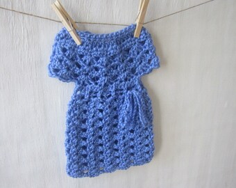 Periwinkle Blue Preemie Baby Dress 5-7 Pounds with Tie Hand Crocheted