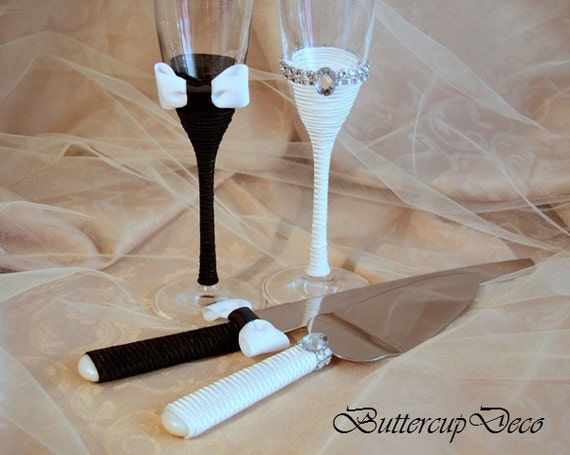  Champagne  glasses  and Cake  serving  set  Wedding  by 