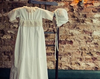 SALE SALE Christening Gown, Vintage Style Lace Baptism Gown Dress +Bonnet