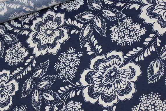 Navy Blue and White Floral Pattern Fabric by the by SRdesignhome