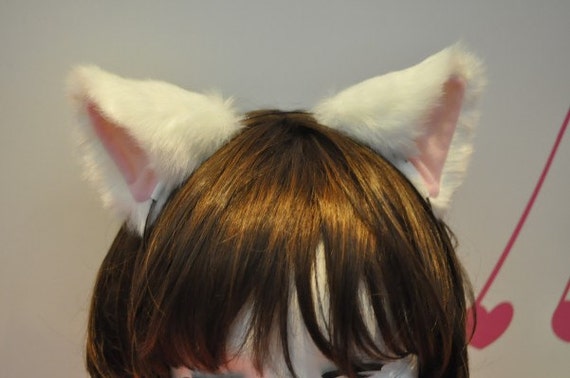 WHite CAT ears MOVABLE ears HEADBAND inner pink by kittyspace