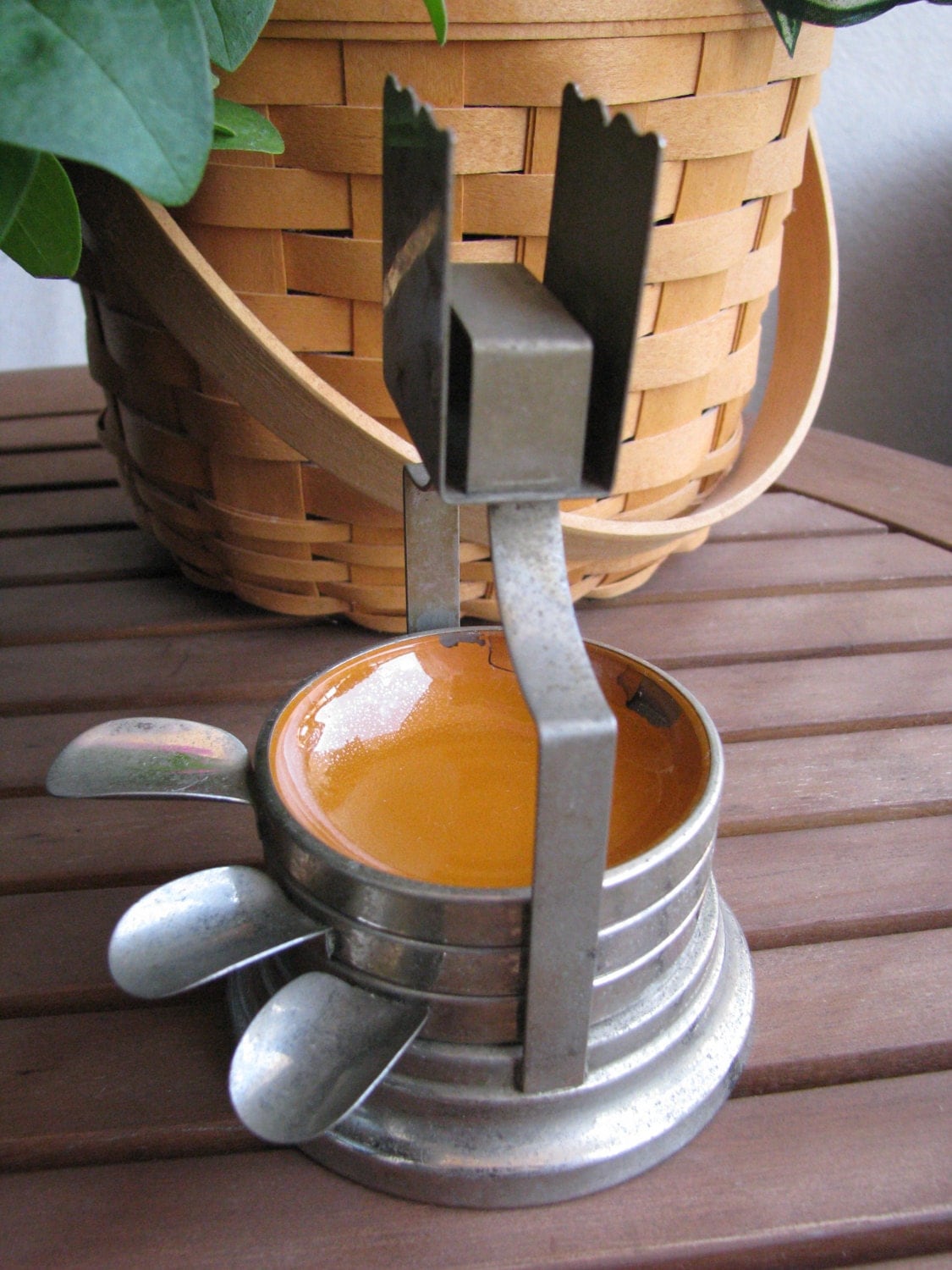 Art Deco Individual glass and metal stackable ashtrays with holder