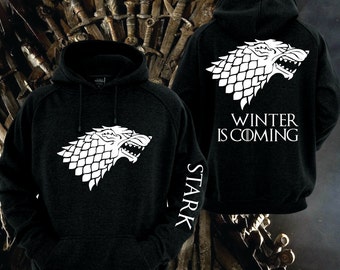 Game of Thrones House of Stark Black Hoodie w white lettering on front back and sleeve