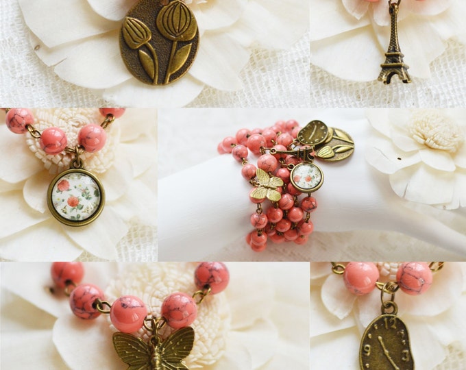 CARESS 5pcs. Bracelets made of brass and natural coral with pendants