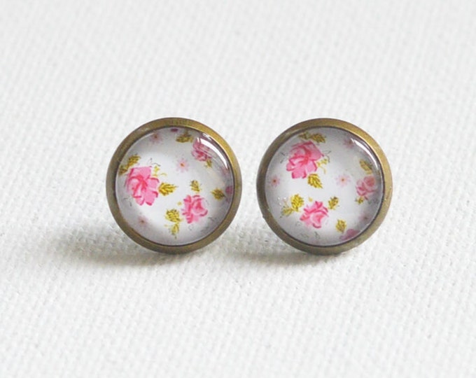FLORAL MOTIFS Stud Earrings metal brass depicting fashionable pastel flowers, Vintage, Glamour, Style, Pink