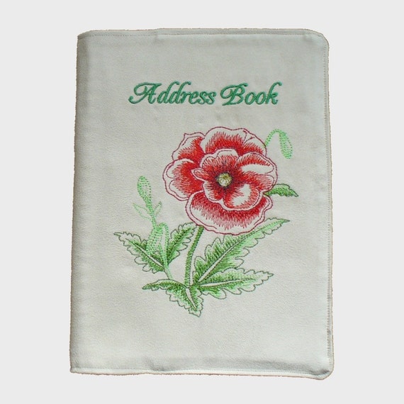 Fabric Address Book Cover with Red Poppy Embroidery and A5
