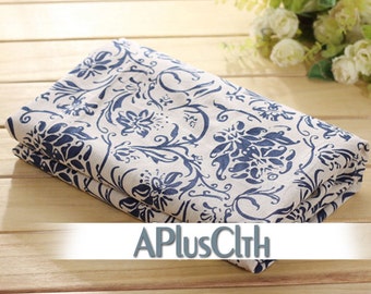 white and blue floral linen fabric,flower print fabric,cotton linen fabric,floral tablecloth fabric,linen curtain fabric,upholstery fabric