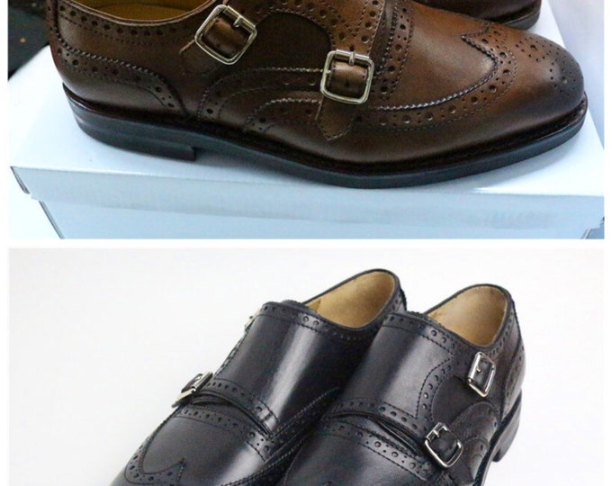 Handmade Goodyear Welted Men's Monk-Strap Dress Shoes,Pure color Pattern