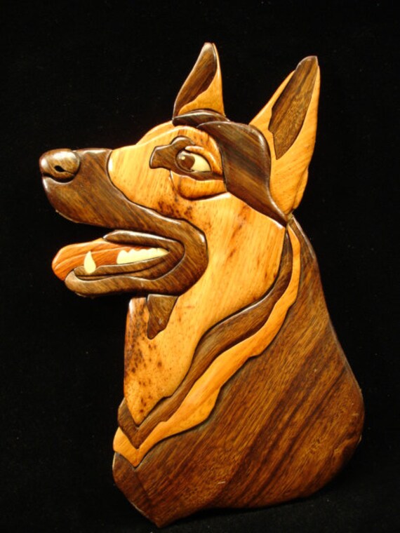 Hand Carved Wood Art Intarsia German Shepherd Dog by MyHeritageUSA
