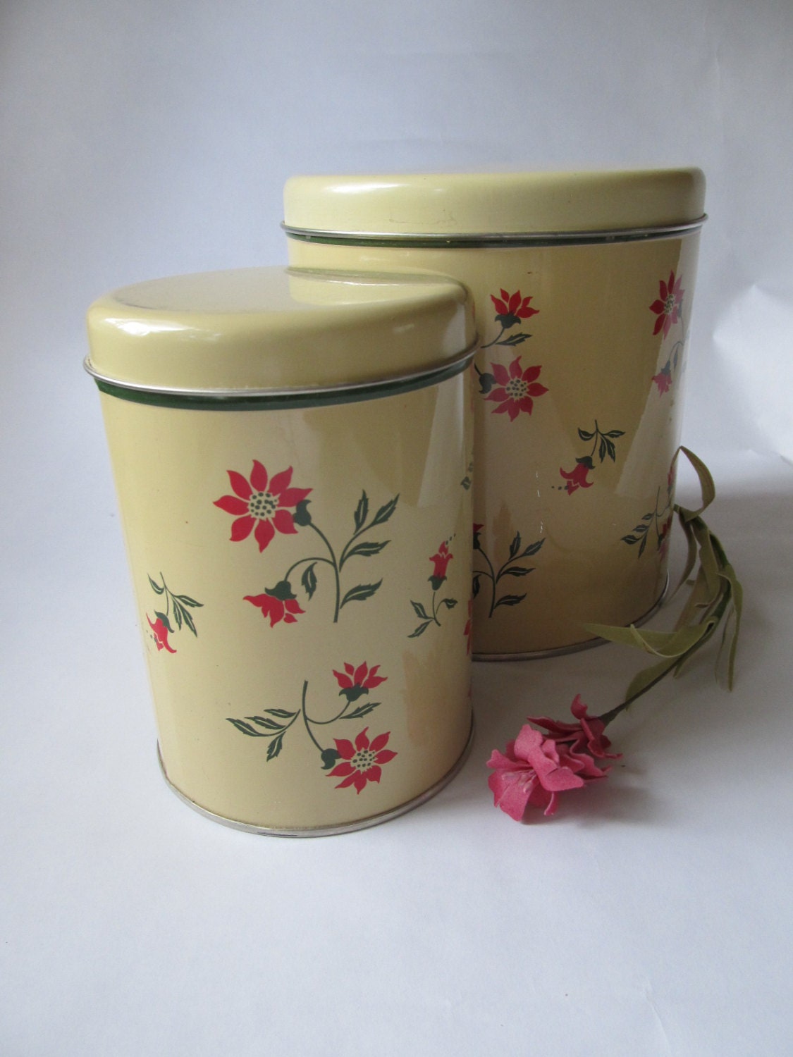 2 Vintage Cream-Colored Tin Canisters