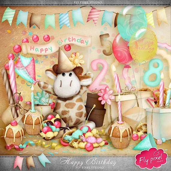 Happy Birthday Digital Scrapbook Kit with FREE Numbers