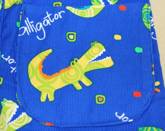 HALF PRICE ** Boy's 1st Birthday Outfit. Size 1T Overalls Green Alligators on bright blue Corduroy. Back pocket. Snap Crotch