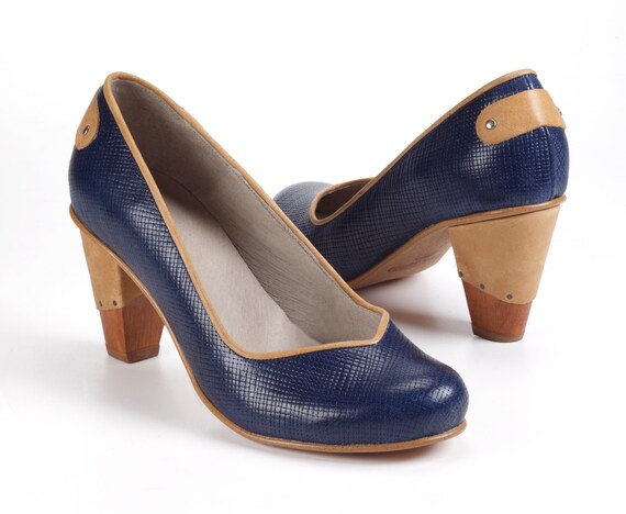 Navy Blue High Heel Leather Shoes / Women by EllenRubenBagsShoes
