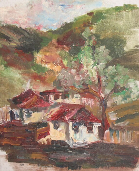 Impressionist Village Landscape Vintage Oil Painting