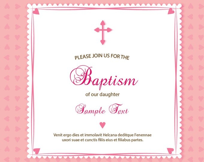 Baby Girl Baptism Invitation. Pastel colors with sweet little hearts or damask style. Printable.